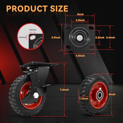 W B D WEIBIDA 6 Inch Heavy Duty Caster Wheels Set of 4, 1800 LBS Outdoor Industrial Wheels Swivel Large Rubber Casters with Brake for Workbench, Dolly, Cart, Trolley, Wagon (2 Brake & 2 Fixed) - size: 6 INCH
