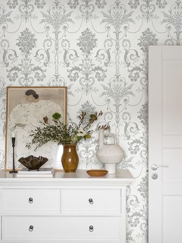 Silver Gray Removable Wallpaper Damascus Floral Peel and Stick Wallpaper - color: Silver/Gray, size: 17.3" x 197"