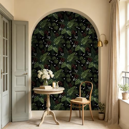 Dark Green Botanical Berries Peel and Stick Wallpaper 17.5" x 118" - color: Black/Dark Green, size: 17.5" x 118"