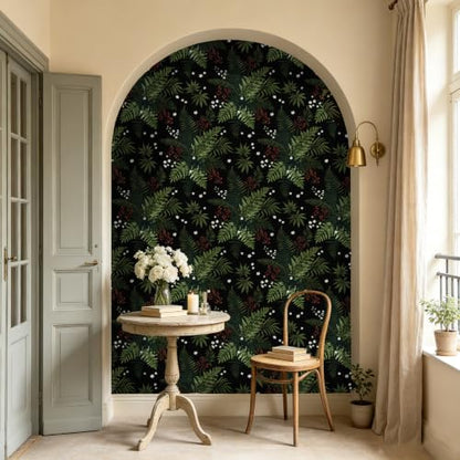 Dark Green Botanical Berries Peel and Stick Wallpaper 17.5" x 118" - color: Black/Dark Green, size: 17.5" x 118"