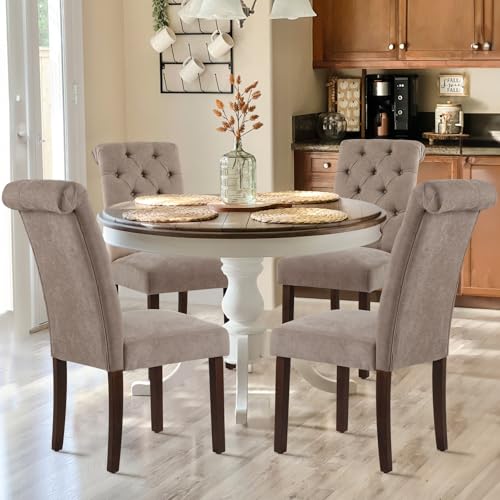 COLAMY Button Tufted Dining Chairs Set of 2, Parsons Upholstered Fabric Dining Room Chair Kitchen Chairs with Wood Legs and Padded Seat, Taupe - color: Taupe, size: set of 2