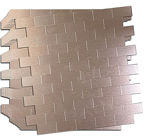 XUANINY 10-Sheet Peel and Stick Metal Backsplash Tiles, Self Adhesive Brushed Aluminum Subway 3D Wall Sticker for Kitchen Bathroom (12"x11.02") (10, Rose Gold Brushed) - color: Rose gold brushed
