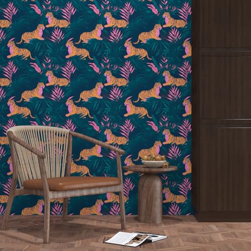 BOKEBEVE Tropical Tiger Wallpaper Peel and Stick Green Pink 17.5 x 118In - color: Green/Orange/Pink, size: 17.5" x 118"