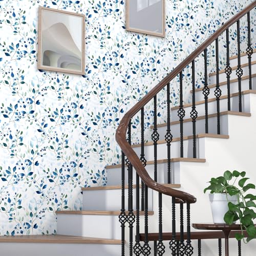 BOKEBEVE Boho Leaf Wallpaper Peel and Sticck Blue Green 17.5 x 118In - color: Blue/Green, size: 17.5" x 118"