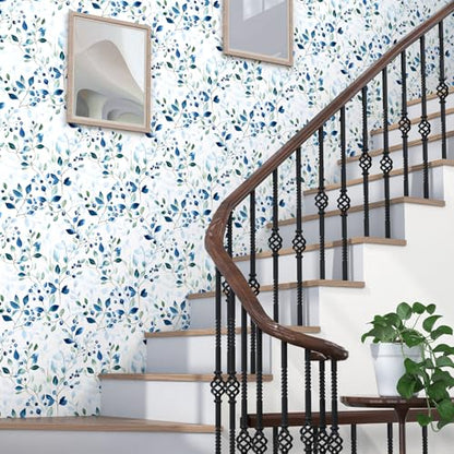 BOKEBEVE Boho Leaf Wallpaper Peel and Sticck Blue Green 17.5 x 118In - color: Blue/Green, size: 17.5" x 118"