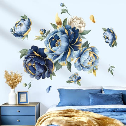decalmile Blue Flower Gold Leaves Penoy Floral Sofa TV Wall Decals Stickers