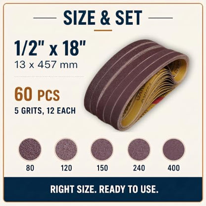 1/2x18 Sanding Belts, 60 Pack, 12 Each of 80/120/150/240/400 Grits - size: 1/2 x 18 in, 60-Pack
