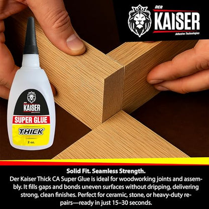Der Kaiser Thick CA Super Glue (2 oz) – Gap-Filling Cyanoacrylate Adhesive – 15-30 Sec Cure – Pro Kit with Microtips – Wood, Plastic, Metal, 3D Printing, Hobby Models, DIY Repairs – 1,000-1,500 CPS - size: 2 oz
