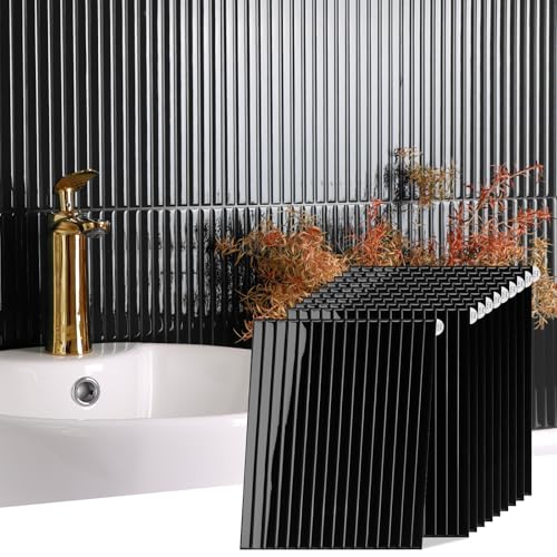 Backsplash Tile Peel and Stick, Self-Adhesive White Decorative Wall Tiles for Kitchen, Modern Glossy Slatted Design Backsplash Tiles for Kitchen, Bathroom, RVs (11.43x9 inch) - color: Black