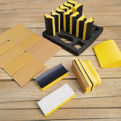 56 PCS Hand Sander Blocking Kit- 16 PCS Hand Sanding Block Set + 40 Sheet Hook & Loop Sandpaper Kit - Interchangeable Assorted Convex & Concave Shapes for Moldings, Baseboards, Woodworking