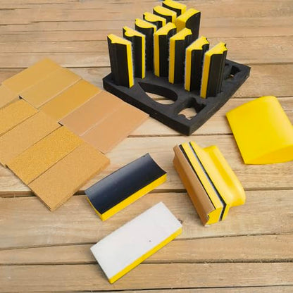 56 PCS Hand Sander Blocking Kit- 16 PCS Hand Sanding Block Set + 40 Sheet Hook & Loop Sandpaper Kit - Interchangeable Assorted Convex & Concave Shapes for Moldings, Baseboards, Woodworking