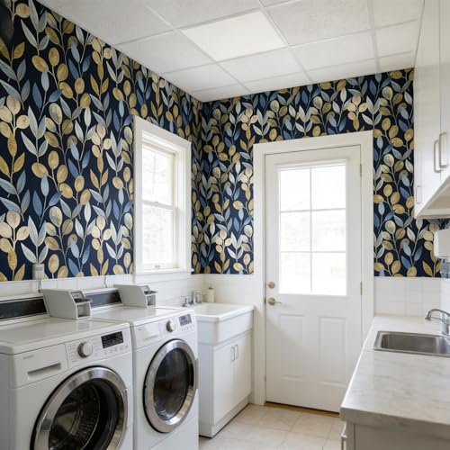 Black and Gold Leaf Peel and Stick Wallpaper 17.7" x 354" - color: Blue/gold/Black, size: 17.7" x 354"