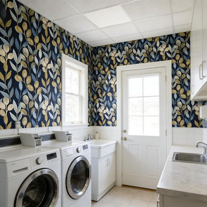 Black and Gold Leaf Peel and Stick Wallpaper 17.7" x 354" - color: Blue/gold/Black, size: 17.7" x 354"