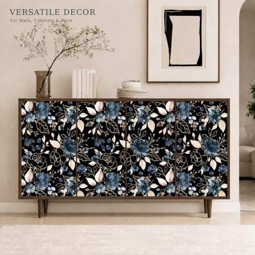 Black Gold Floral Peel and Stick Wallpaper 17.7"x118" - color: Black/Gold/Navy Blue/Beige, size: 17.7" x 118"