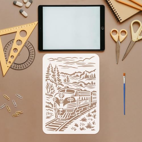 FINGERINSPIRE Train Mountain Forest Stencil 8.3x11.7inch with a Brush Steam Engine Train Stencils Rails Mountain Forest Drawing Template for DIY Painting on Walls Wood Canvas Home Decoration - style: Train Mountain Forest