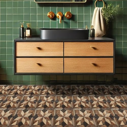 HOMETITUTE Wood Geometric Pattern Peel and Stick Tile Art Deco, 12"x12" - color: Brown