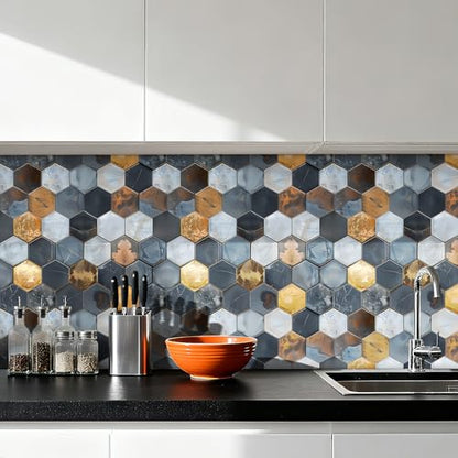 Livelynine Peel and Stick Backsplash Wallpaper Art Deco Geometric Hexagon Wall Tile Wallpaper for Kitchen Dark Navy Blue White Copper Metal Gold Vinyl Self Adhesive Contact Paper Waterproof 17.5x78.8 - size: 17.5x78.8 Inch