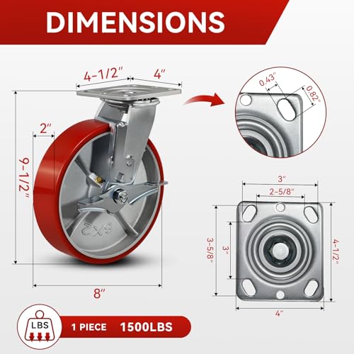 8"x2" Industrial Casters- Heavy Duty casters,Polyurethane Casters Wheel,Capacity up to 6000 Lb. Use for Platform Truck, U-Boat Cart,Workbenches(4 Brake) - style: 8 inch