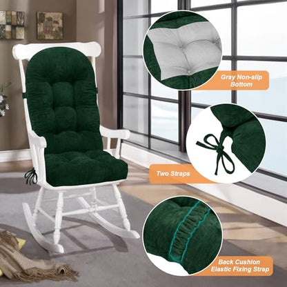 Rocking Chair Cushion - Chenille Fabric, High-Density Sponge, Durable Comfort Non-Slip Bottom Tufted Seat Pads with Ties, Chenille︱Green, 44x19x4 inch - color: Green