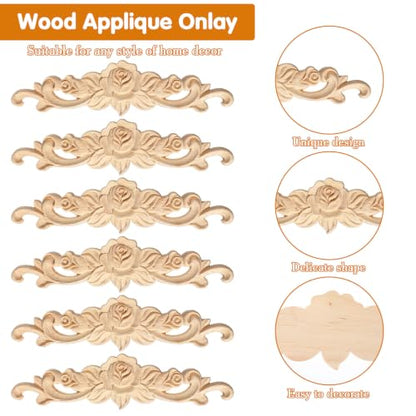 6 Pcs Wooden Appliques, 8 x 2 in Wood Appliques for Furniture