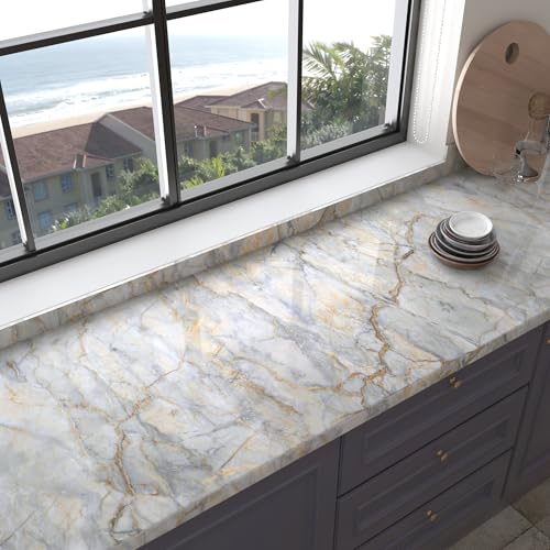 Marble Contact Paper for Countertops Wrap Waterproof Marble Wallpaper - color: Blue Gold, size: 15.7" x 196.8"
