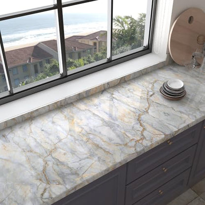 Marble Contact Paper for Countertops Wrap Waterproof Marble Wallpaper - color: Blue Gold, size: 15.7" x 196.8"