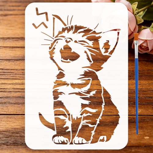 FINGERINSPIRE Little Cat Stencils with a Brush 11.7x8.3Inch Cute Meow Kitten Painting Stencils Cartoon Cat Pattern Stencil Animal Themes PET Template for Wood Floor Tile Wall Fabric Furniture DIY - color: Little Cat