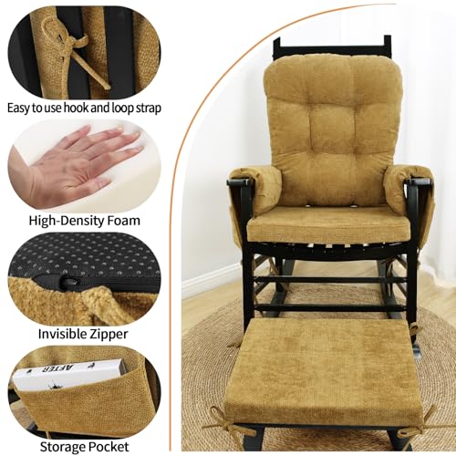 5 PCS Glider Rocker Replacement Cushions with Storage Side Pocket, Luxuriy Chenille Fabric Foam & Microfiber Filling, Thickened & Supportive Rocking Chair Cushion Set, Yellow - color: Yellow