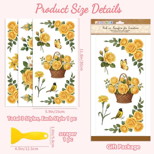 Peacoblue Yellow Vintage Flower Rub On Transfers for Furniture Craft 6"x12" - style: Yellow Vintage Flower