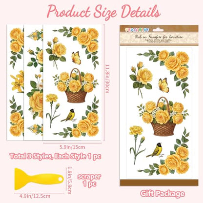 Peacoblue Yellow Vintage Flower Rub On Transfers for Furniture Craft 6"x12" - style: Yellow Vintage Flower