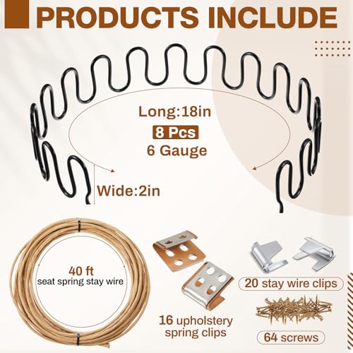 MorningRo 8 Pcs 18 Inch Couch Upholstery Spring Repair Replacement Kit - 8 Heavy-Duty Springs, 16 Spring Clips, 64 Nails, 40ft Steel Stay Wire for Fixing Sagging Cushions in Sofa Recliner Chair - size: 18 Inch