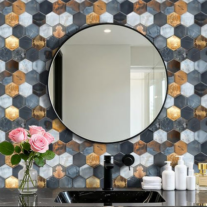Livelynine Peel and Stick Backsplash Wallpaper Art Deco Geometric Hexagon Wall Tile Wallpaper for Kitchen Dark Navy Blue White Copper Metal Gold Vinyl Self Adhesive Contact Paper Waterproof 17.5x78.8 - size: 17.5x78.8 Inch