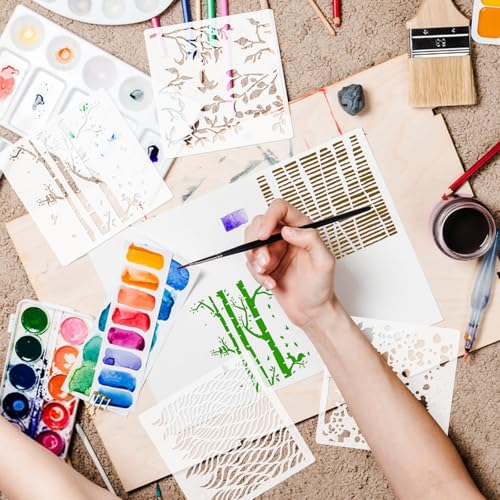 30pcs Texture Stencils for Crafts, Reusable Mixed Media Geometric Brick Cubist Leopard Wood Grain Stencil Layering Stencils for Painting on Wood Wall DIY Background Furniture Card Canvas 6x6in