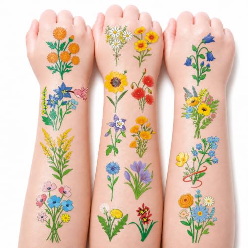 96 PCS Small Wildflower Pre-Cut Temporary Tattoos for Kids