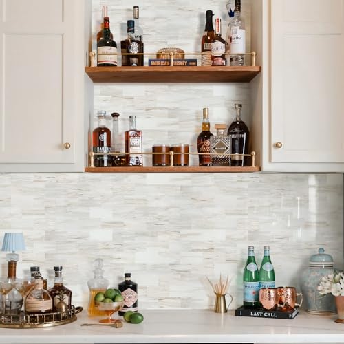 STICKGOO 10-Sheet Peel and Stick Backsplash on Subway Tile, Eurasia Biege - color: Polished Eurasia Pinkish-Biege Marble