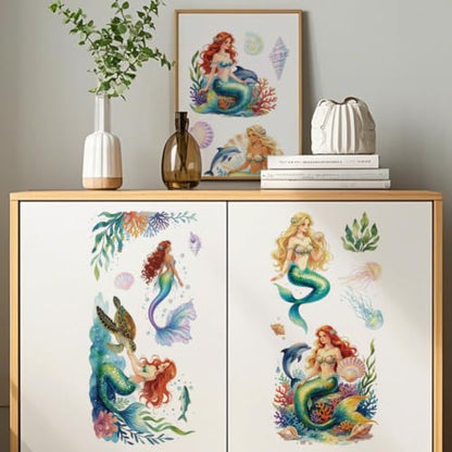 3 Sheets Mermaid Rub on Transfers Stickers for Furniture 6"x12" - color: Mermaid