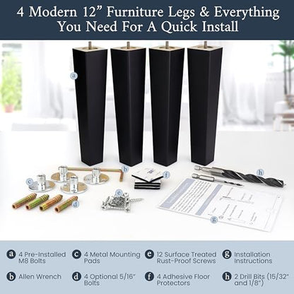 Airy Abode Premium Black Square Furniture Legs (Full Install Kit) - Pick Your Size and Color - color: Black, size: 12 Inches