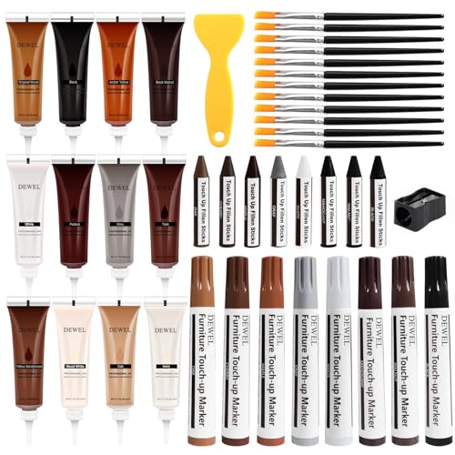 DEWEL Wood Furniture Repair Kit, Upgrade Wood Filler, Furniture Touch Up Markers with Wax Sticks, 42 Pcs Floor Touch Up kit for Scratches, Cracks, Hole, Laminate, Table, Bedposts - color: 12+8+8 Color