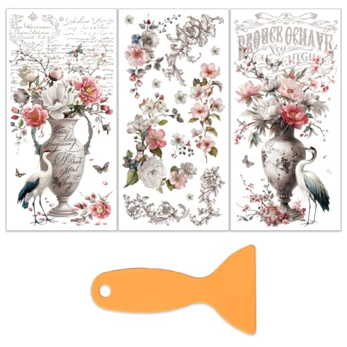 OLYCRAFT 3Pcs/Set Vase and Bird Rub on Transfers for Furniture and Craft 6x12 Inch Peony Furniture Decal Transfer Stickers Rub on Decal with 1pc Scraper for Cabinet Wardrobe Decoration - style: Vase