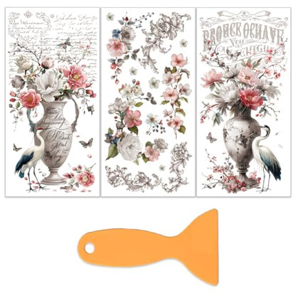 OLYCRAFT 3Pcs/Set Vase and Bird Rub on Transfers for Furniture and Craft 6x12 Inch Peony Furniture Decal Transfer Stickers Rub on Decal with 1pc Scraper for Cabinet Wardrobe Decoration - style: Vase