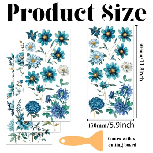 3 Sheets Teal Florals Rub on Transfers for Crafts, 12×6in