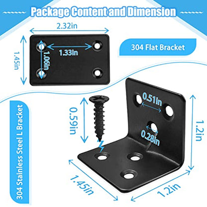 14PC Flat Brackets Mending Plates + 14 Black L Brackets + 140 Stainless Steel Screws, Heavy Duty Straight Corner Plates for Shelves - size: 28PCS, style: L + Flat Brackets