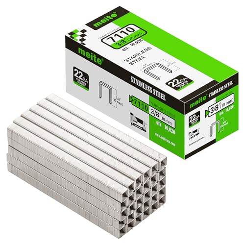 meite 71/10 22 Gauge 304 Stainless Steel Upholstery Staples, 3/8-Inch Crown with 3/8-Inch Leg Length, Heavy Duty Staples for Construction, Furniture, Crafts & DIY Projects (5 Boxes) - size: 3/8" (10 mm), style: 5 Boxes