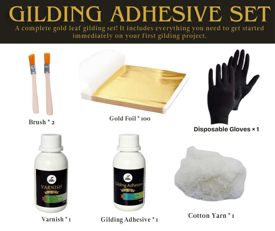 Gold Leaf Kit with Gilding Adhesive and Varnish, 100ml Water-Based Glue Sealer Set, Golden Foil Sheets for Art, Professional Metal Leafing Supplies, Furniture Painting Restoration Craft Tools