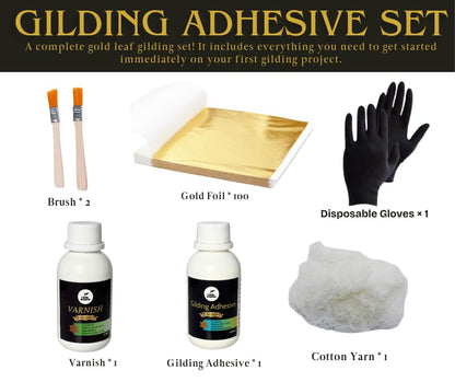 Gold Leaf Kit with Gilding Adhesive and Varnish, 100ml Water-Based Glue Sealer Set, Golden Foil Sheets for Art, Professional Metal Leafing Supplies, Furniture Painting Restoration Craft Tools