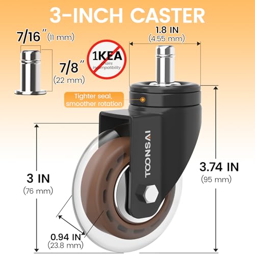 Upgraded,3 Inch Office Desk Chair Caster Wheels Replacement, Stem 7/16-7/8 - color: black & brown- 3 inch plus