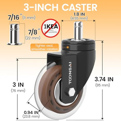 Upgraded,3 Inch Office Desk Chair Caster Wheels Replacement, Stem 7/16-7/8 - color: black & brown- 3 inch plus