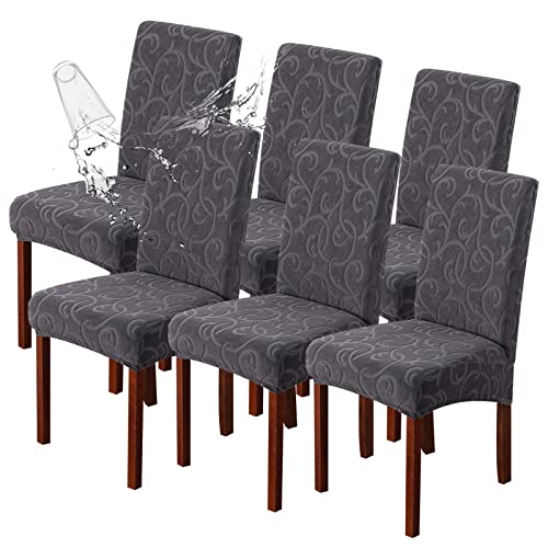 Waterproof Dining Room Chair Covers, Stretch Parsons Chair Slipcovers - color: Flower Pattern-dark Gray, size: Large-6 Pack