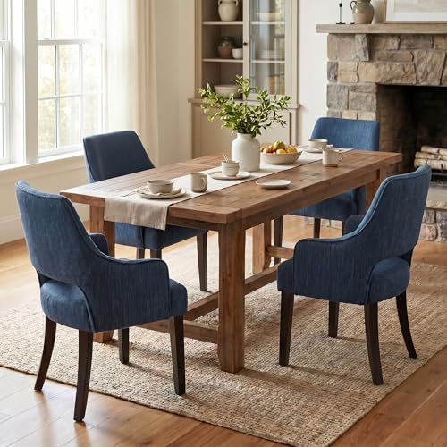chairus Upholstered Farmhouse Dining Chairs Set of 4, Blue Linen Fabric Dining Room Chairs with Arms, Solid Wood Curved Back Kitchen Accent Side Chairs for Dining Room/Living Room, Blue - color: Blue
