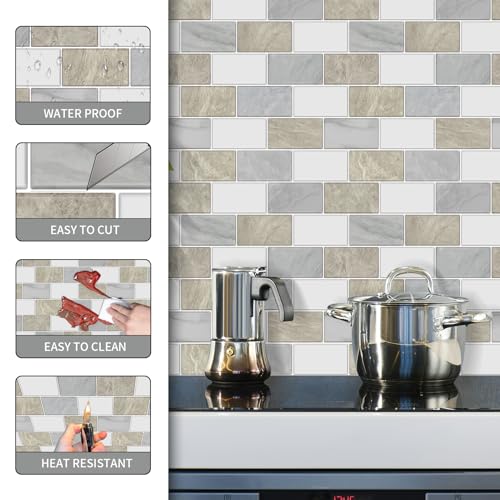 10 Sheets Peel and Stick Backsplash for Kitchen 12"X12" Renter Friendly Backsplash Back Splash Adhesive Subway Wall for Bathroom Cream White & Light Gray Marble Tile Sticker（Not 3D Tile